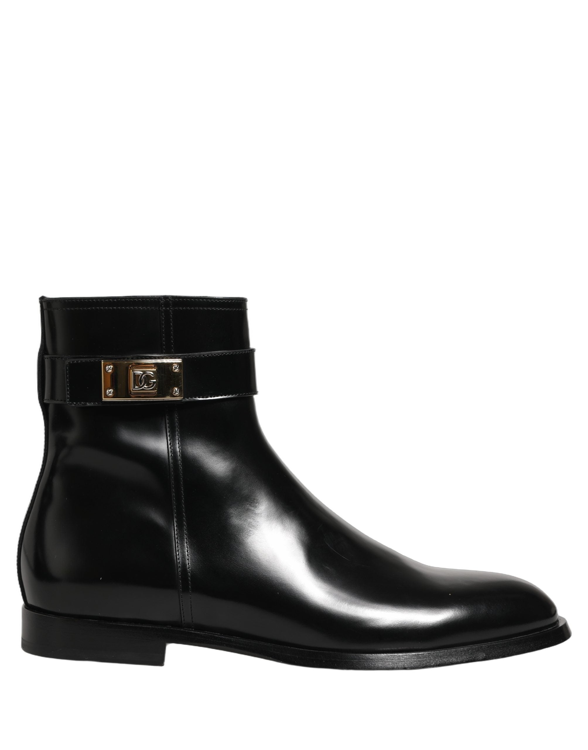 Black Leather Logo Buckle Mid Calf Boots Shoes