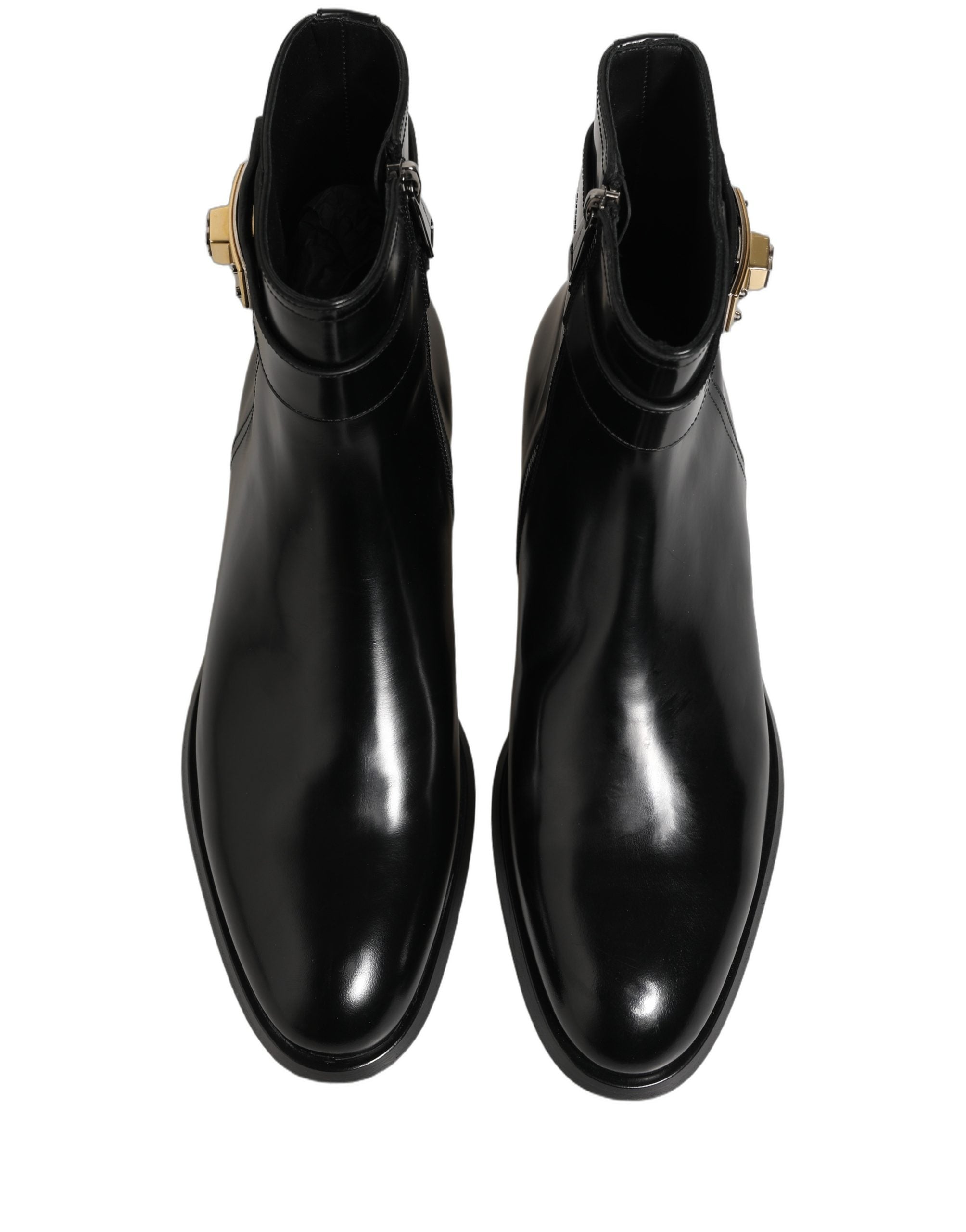 Black Leather Logo Buckle Mid Calf Boots Shoes