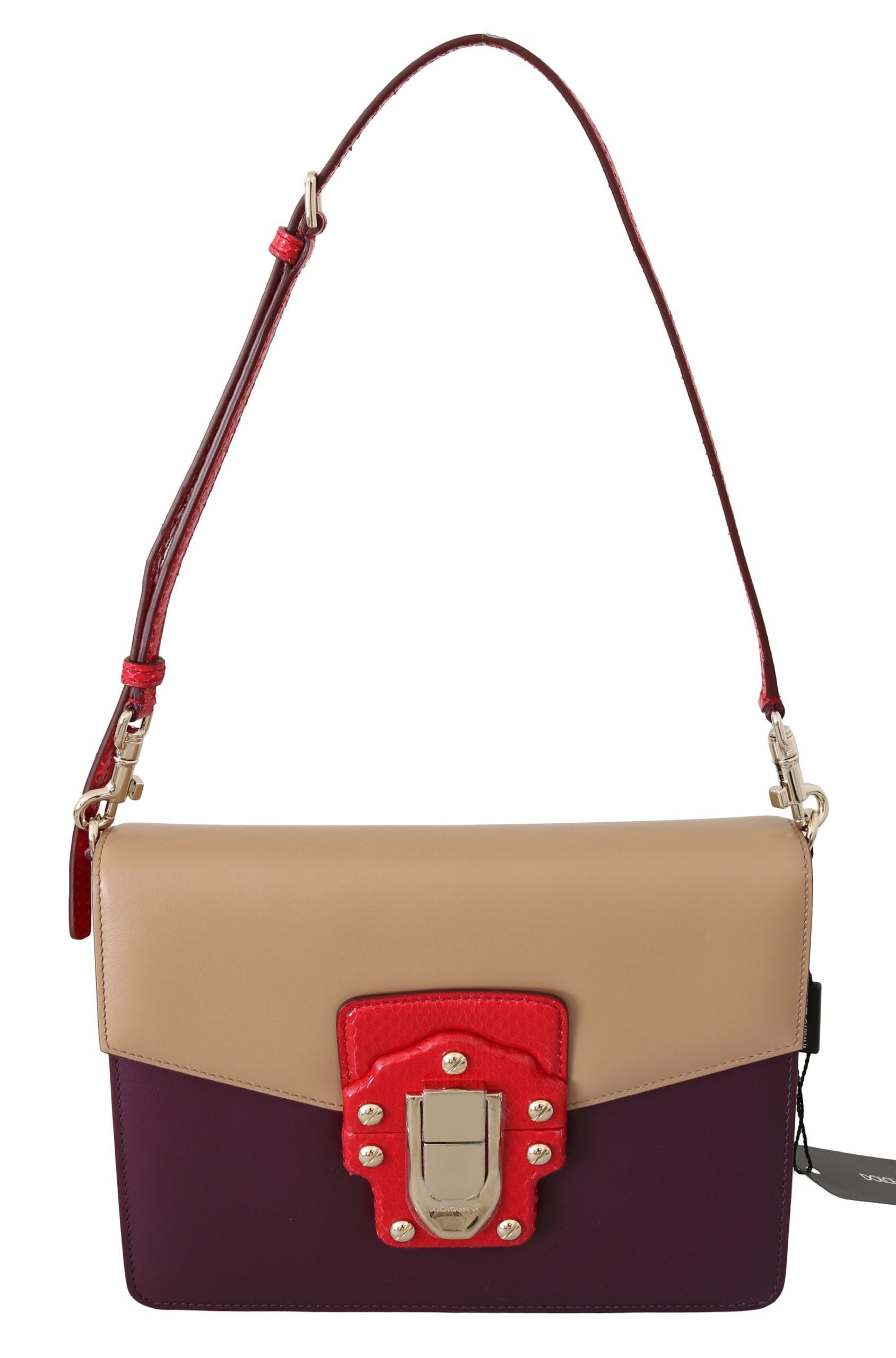 Fialová béžově červená kožená kabelka crossbody