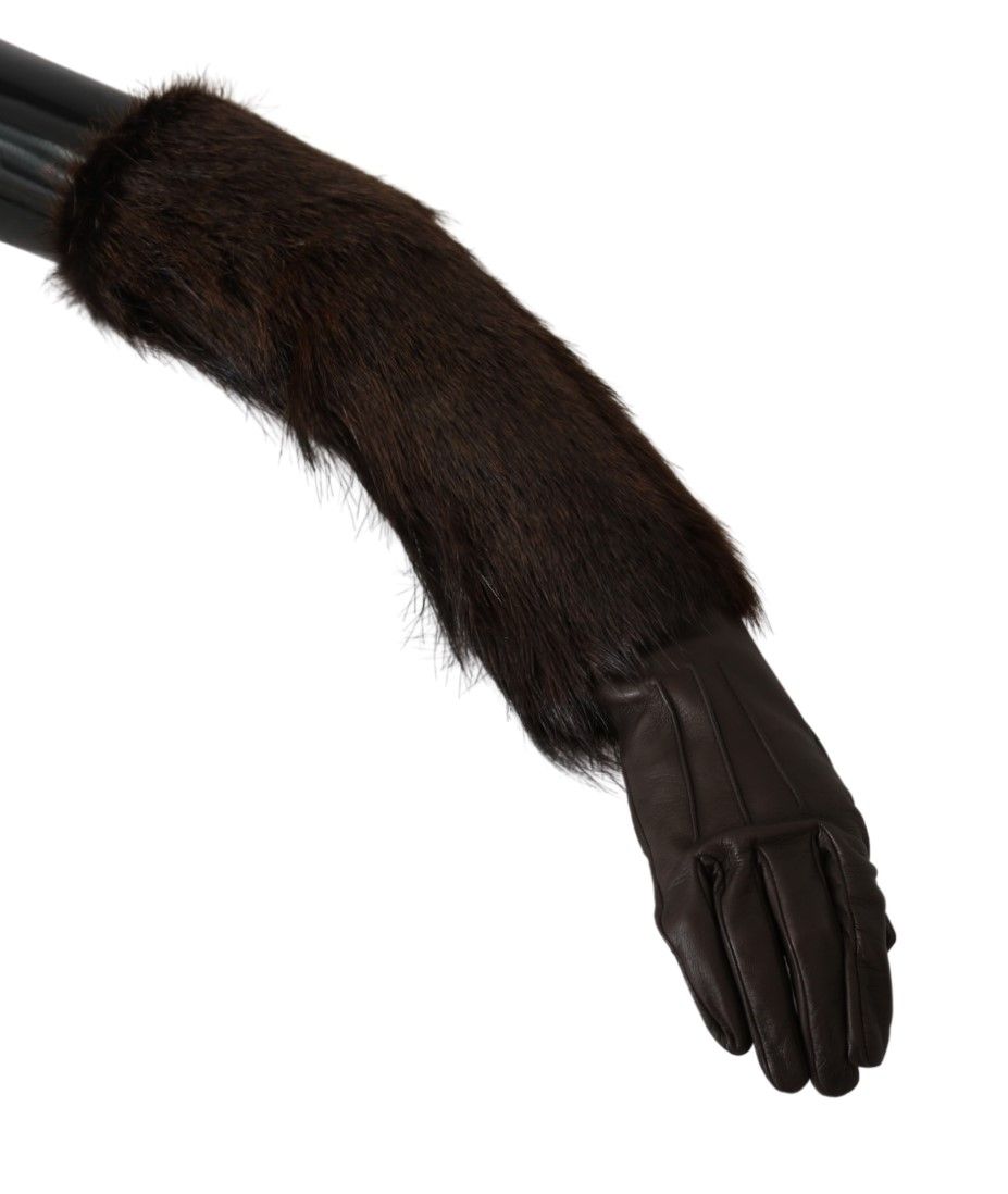 Hnědé palčáky z kůže a kožešiny po loket