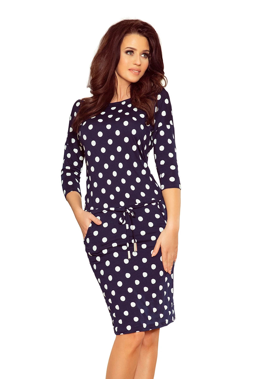 Sports dress with binding and pockets – Navy Blue + Polka Dots