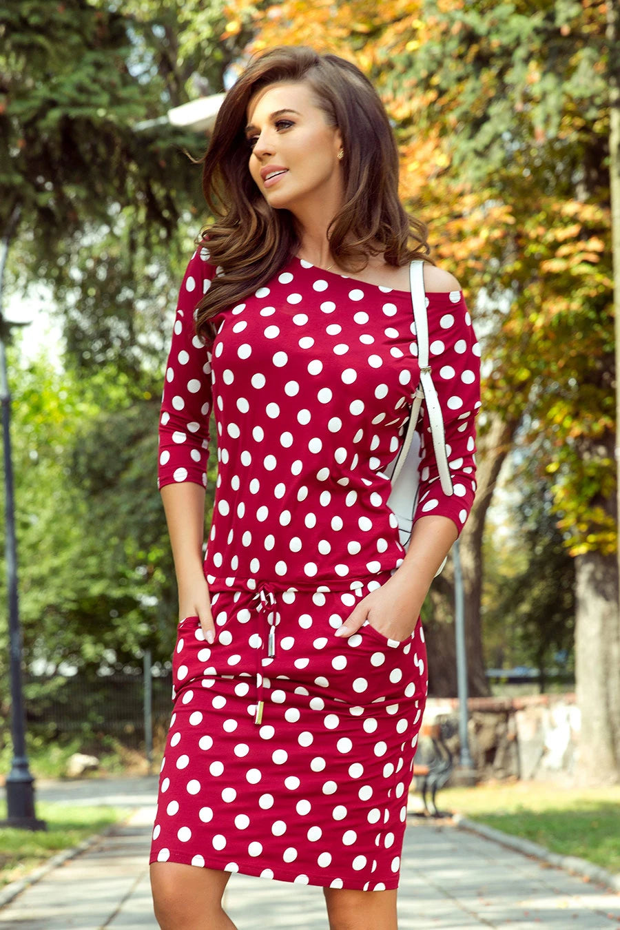 Sports dress with binding and pockets – Burgundy + Polka Dots