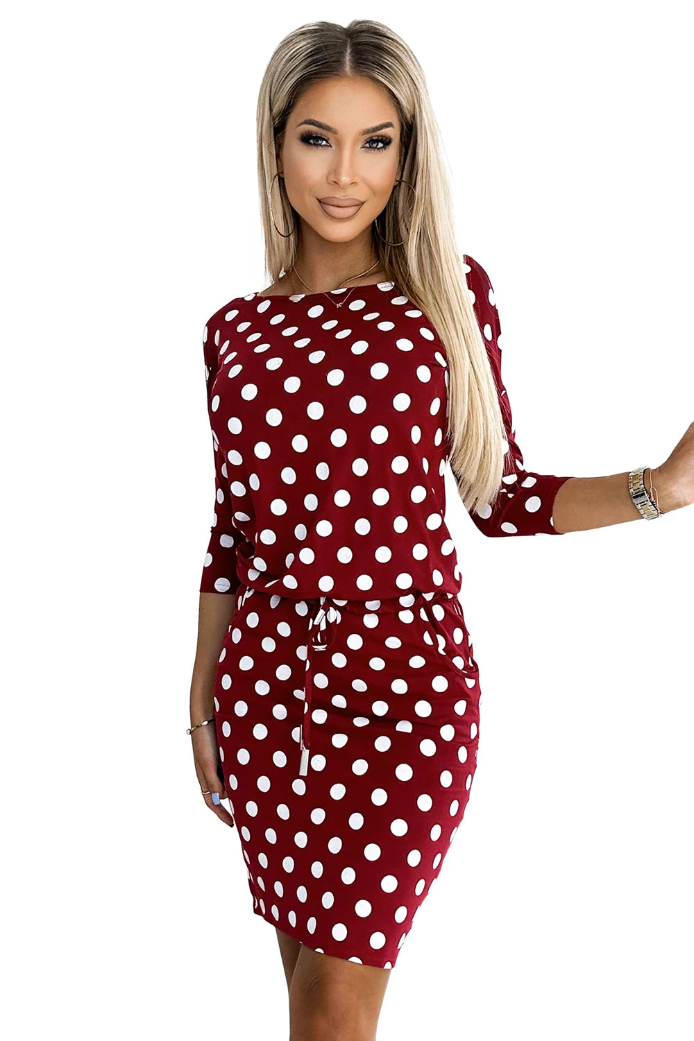 Sports dress with binding and pockets – Burgundy + Polka Dots