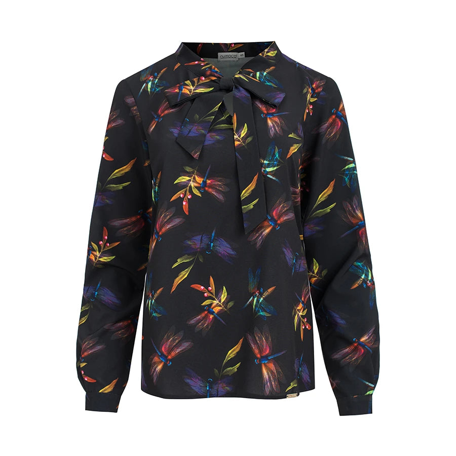 Blouse with bond – Dark Blue + Colorful Dragonflies