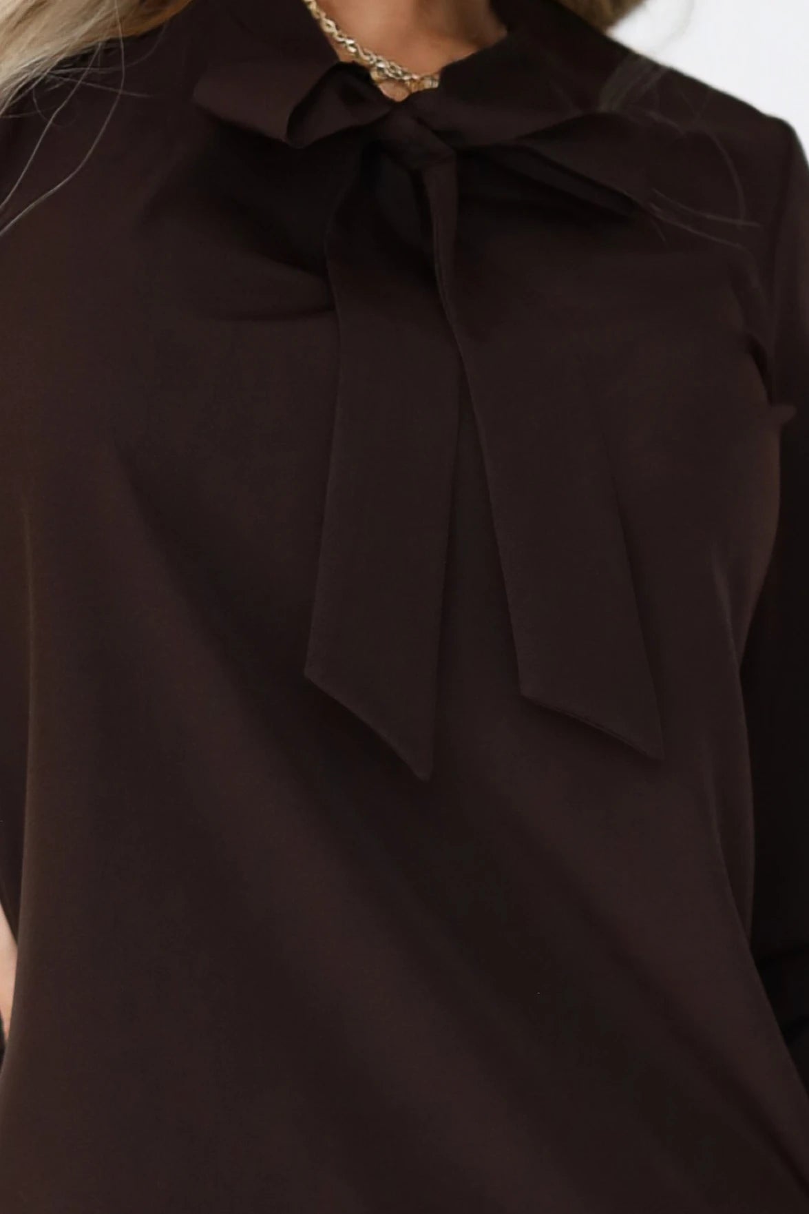 Business blouse with long sleeves and a tie at the front – Chocolate