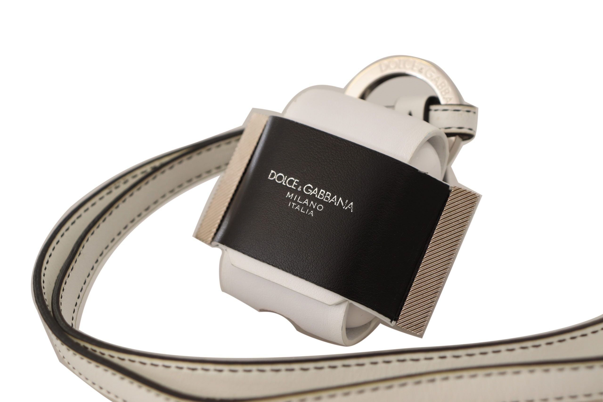 Bílý černý kožený řemínek, stříbrný kovový obal s logem pro Airpods