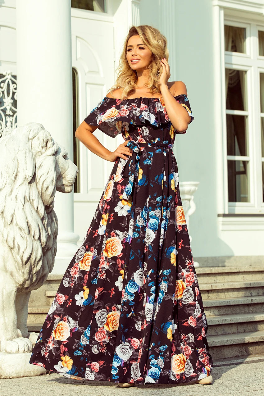 Long dress with frill – Black + Colorful Flowers