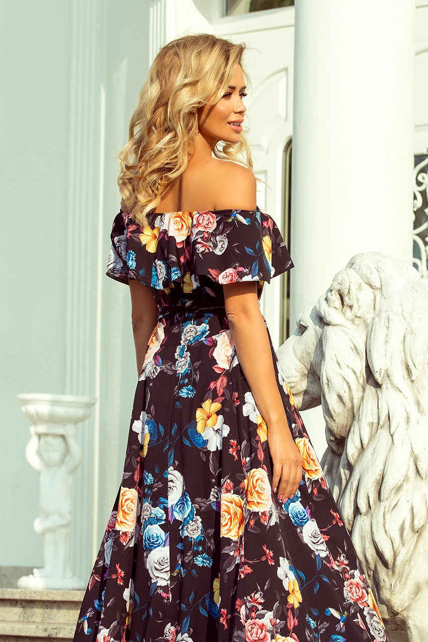 Long dress with frill – Black + Colorful Flowers