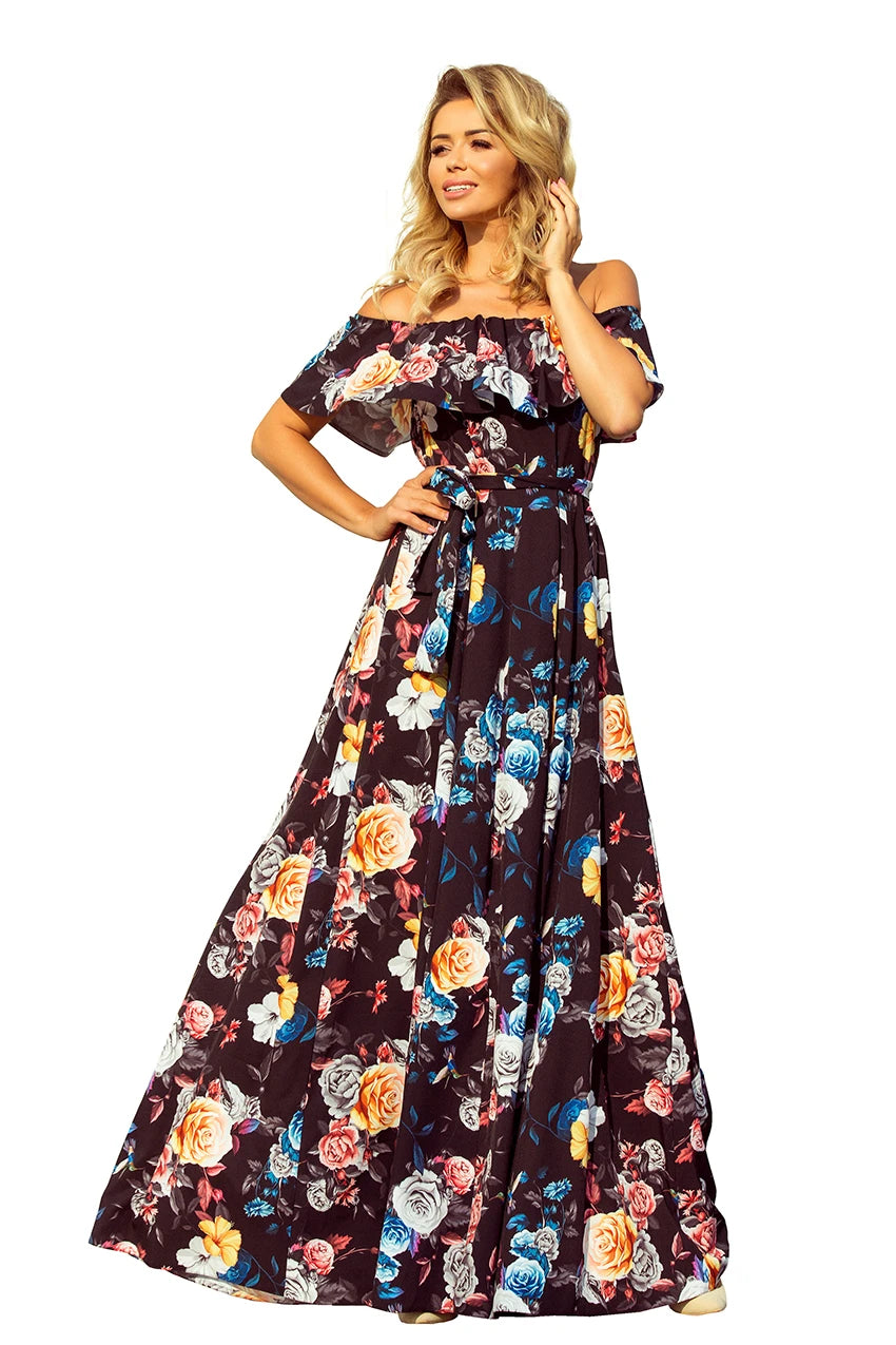 Long dress with frill – Black + Colorful Flowers