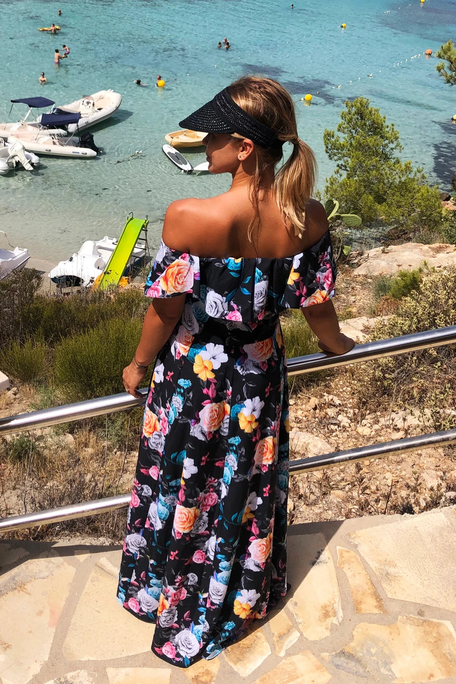 Long dress with frill – Black + Colorful Flowers