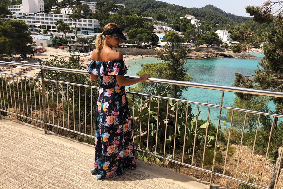Long dress with frill – Black + Colorful Flowers