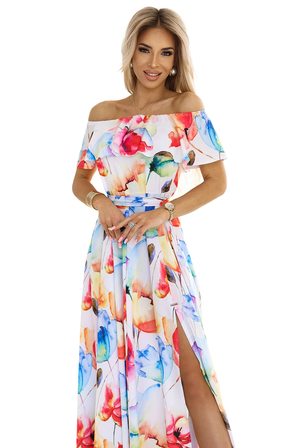 Long summer dress with a belt – Colorful Flower Pattern ?