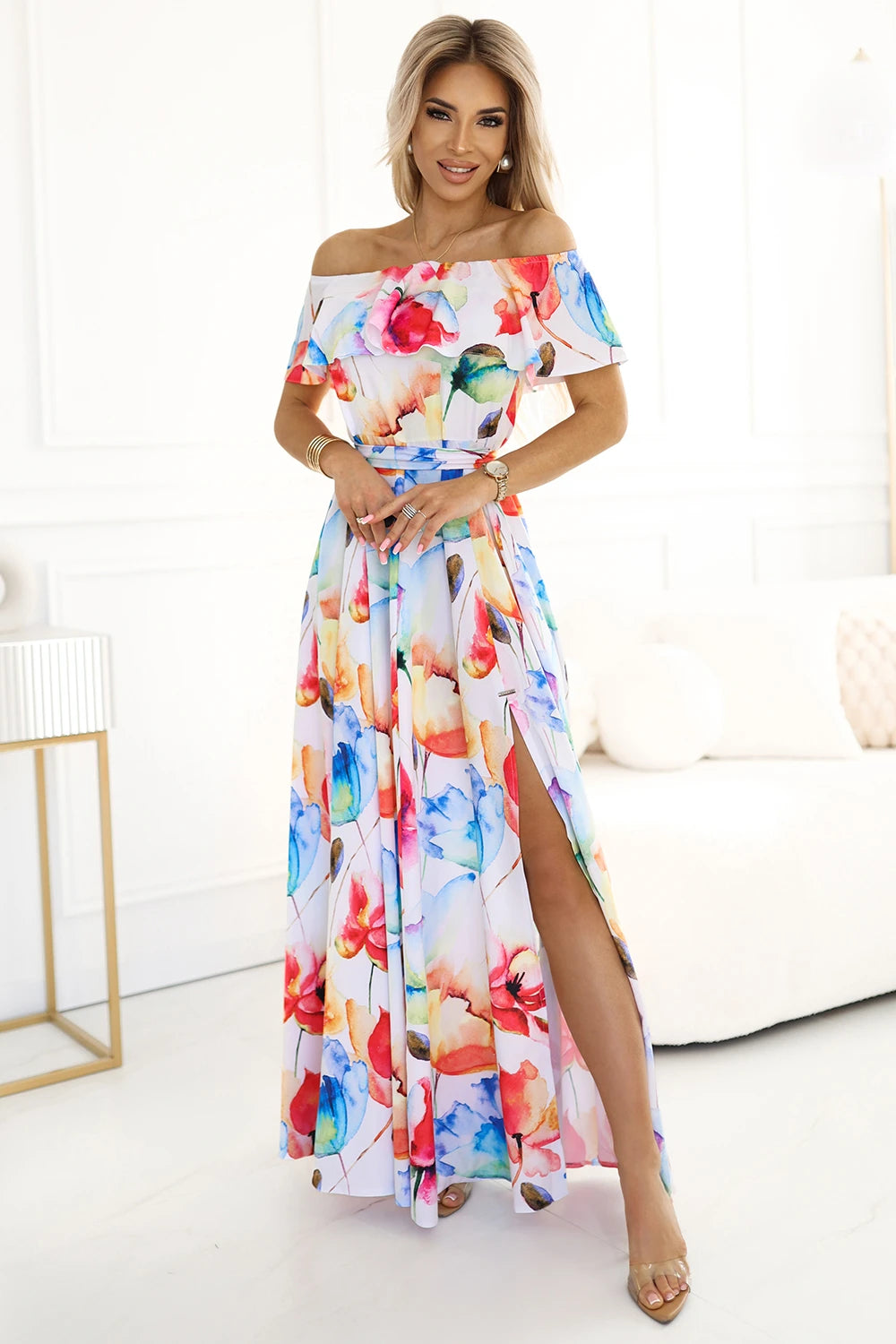 Long summer dress with a belt – Colorful Flower Pattern ?