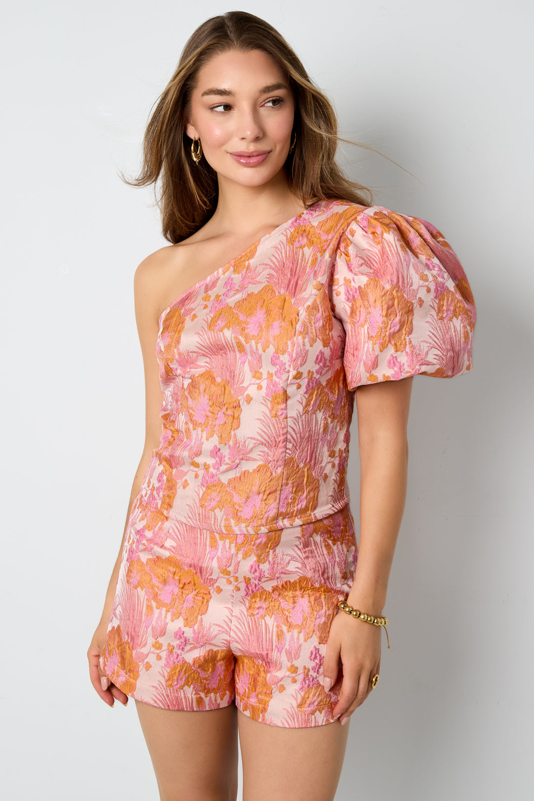 Woven Polyester Fiber Women's One Shoulder Top Elegant Floral Print