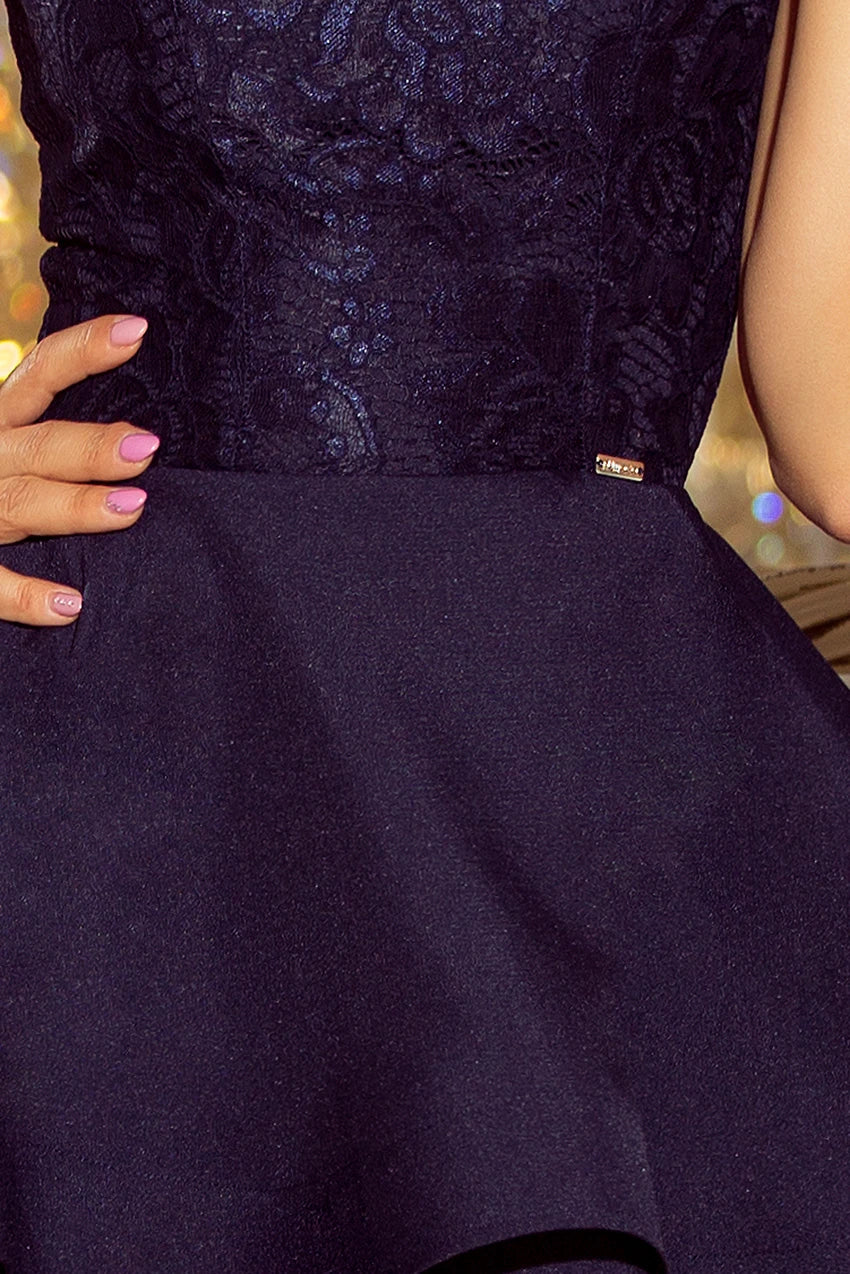 LAURA flared dress with lace – Navy Blue