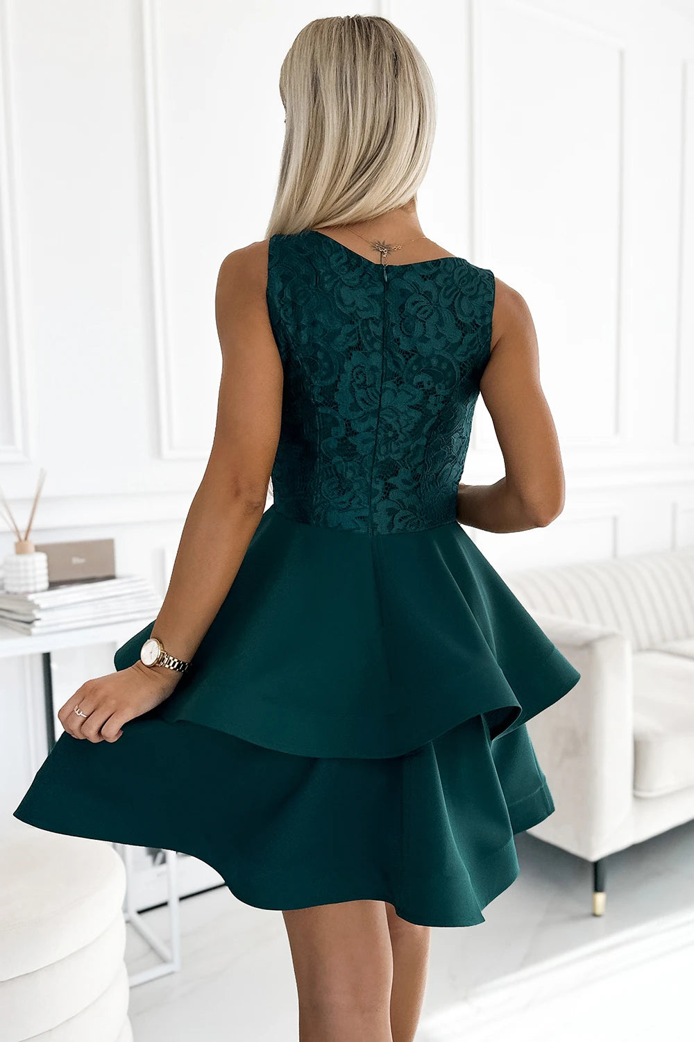 LAURA flared dress with lace – Green