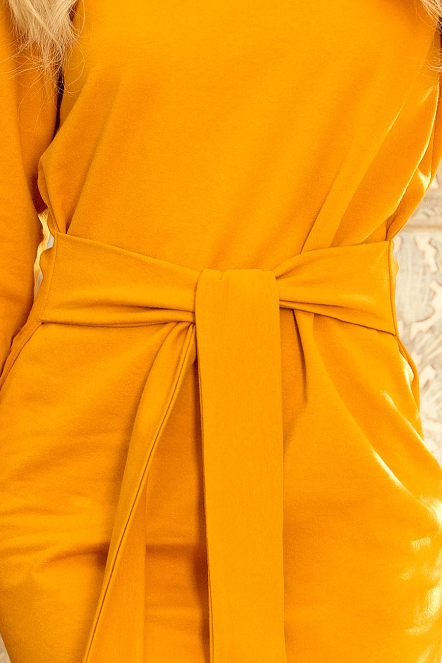 Dress with a wide tied belt – Mustard