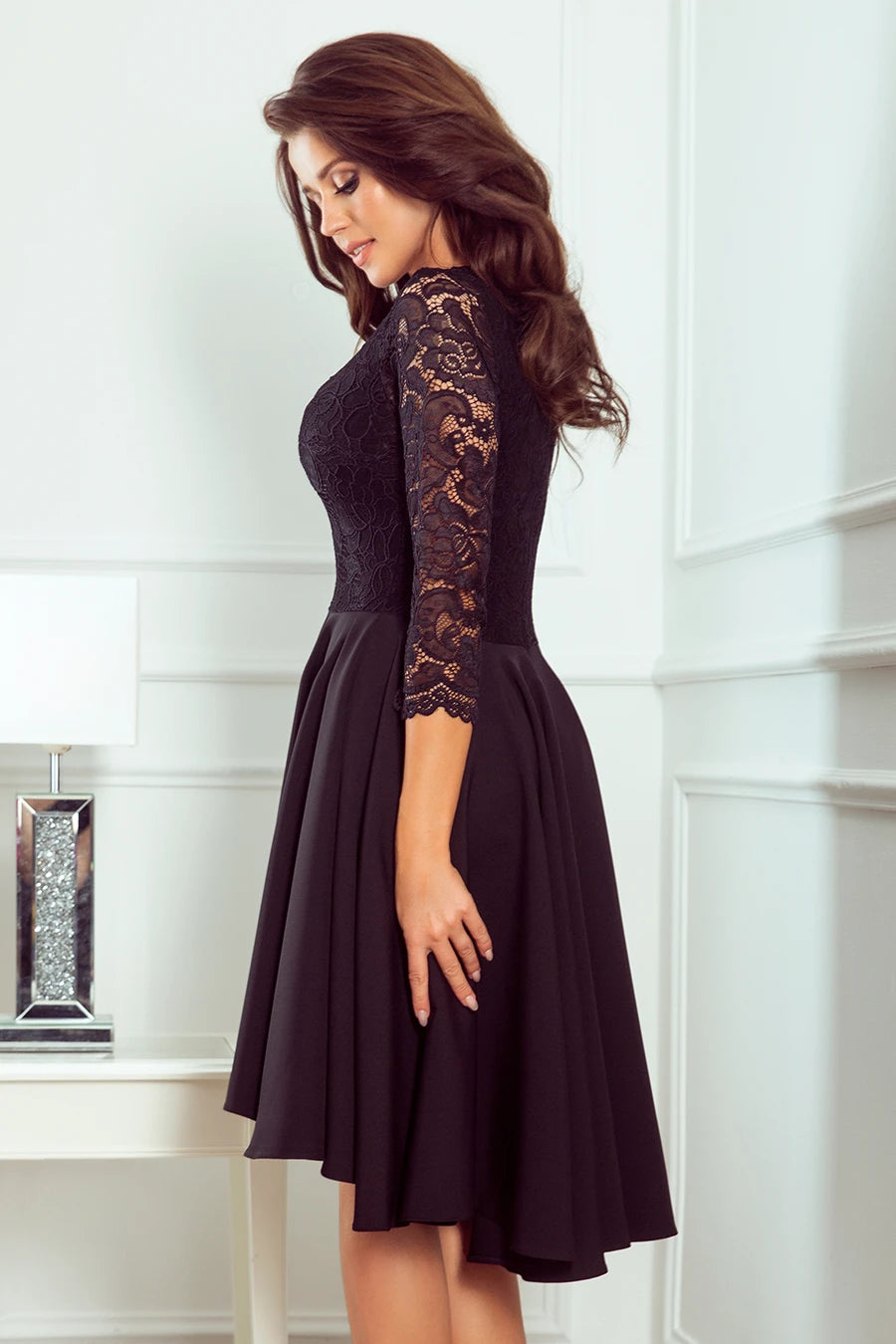 NICOLLE – dress with longer back with lace neckline – Black