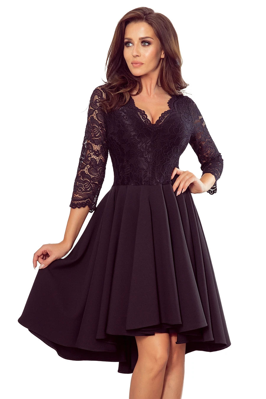 NICOLLE – dress with longer back with lace neckline – Black