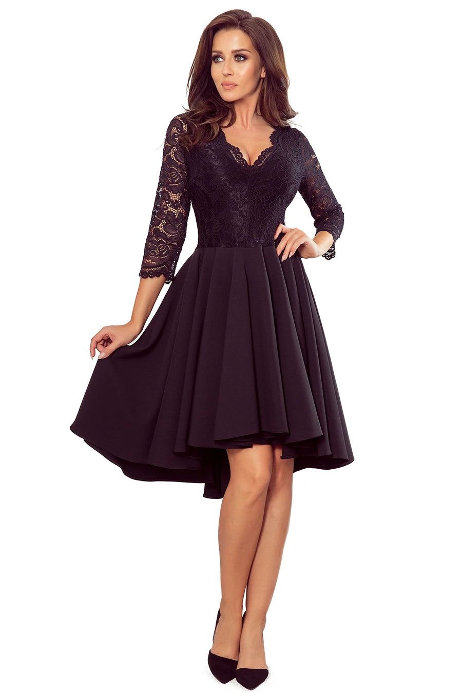 NICOLLE – dress with longer back with lace neckline – Black