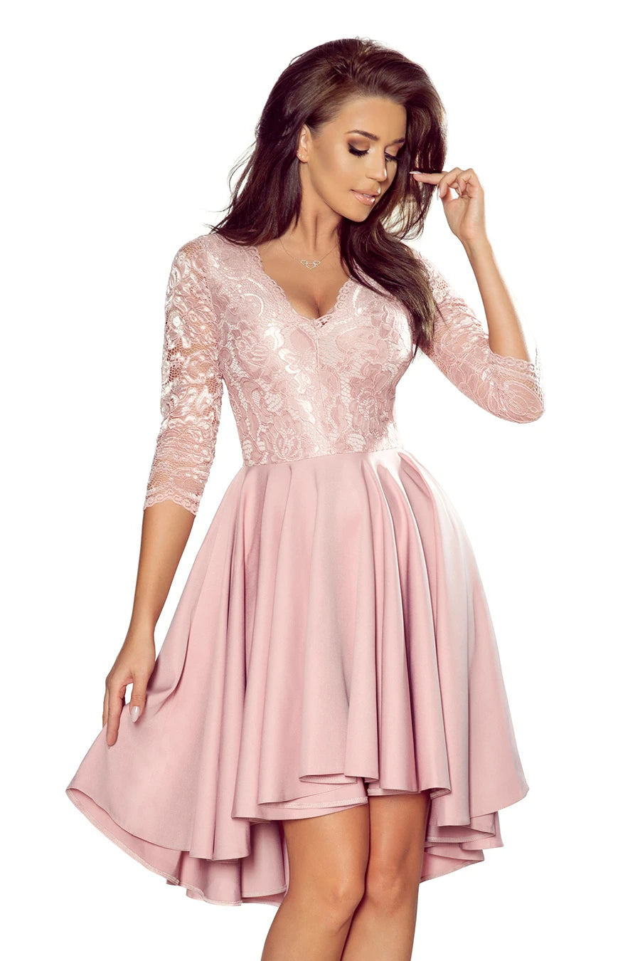 -AW2020 NICOLLE – dress with longer back with lace neckline – Powder Pink