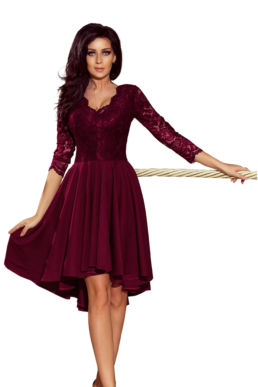 NICOLLE – dress with longer back with lace neckline – Plum