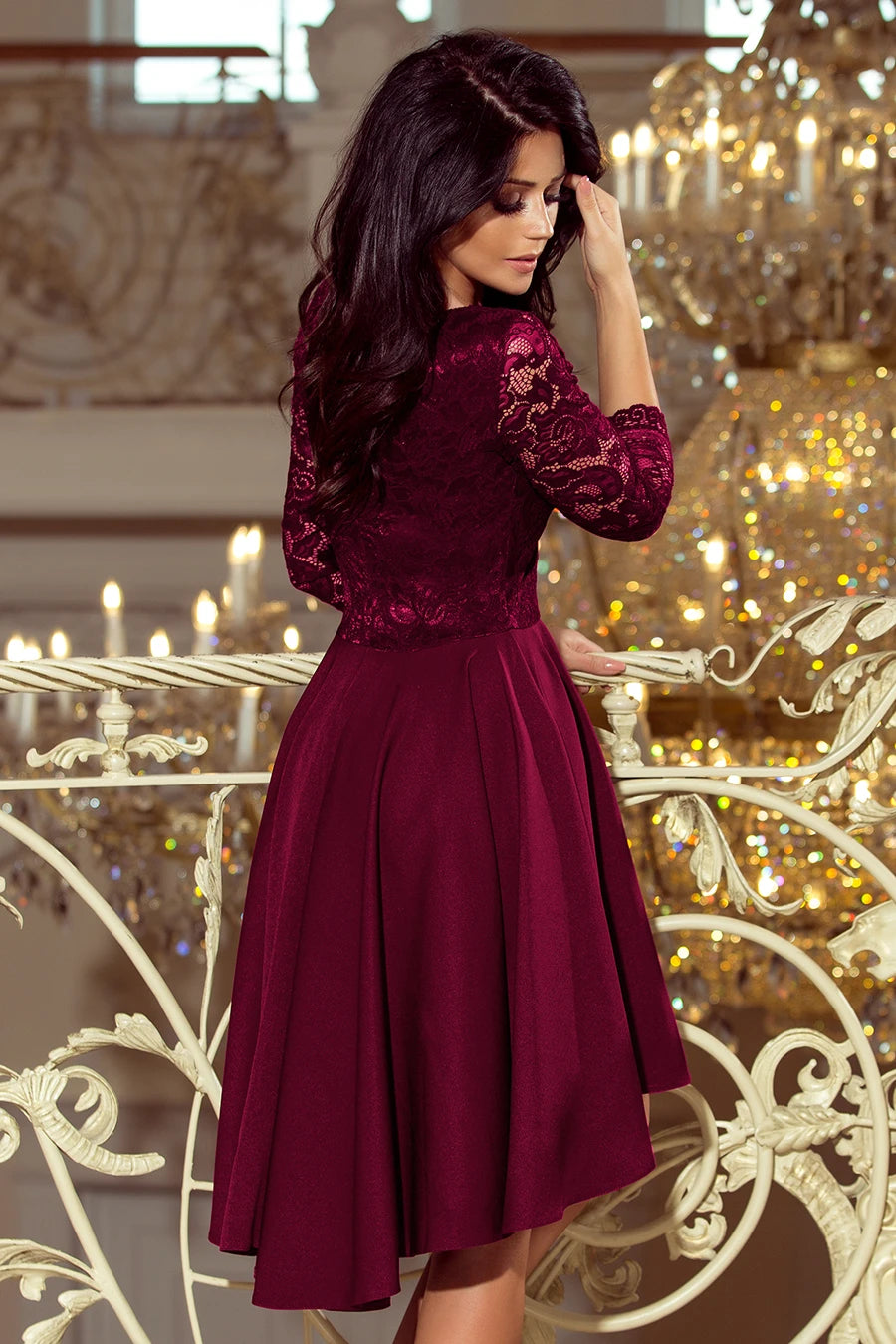 NICOLLE – dress with longer back with lace neckline – Plum
