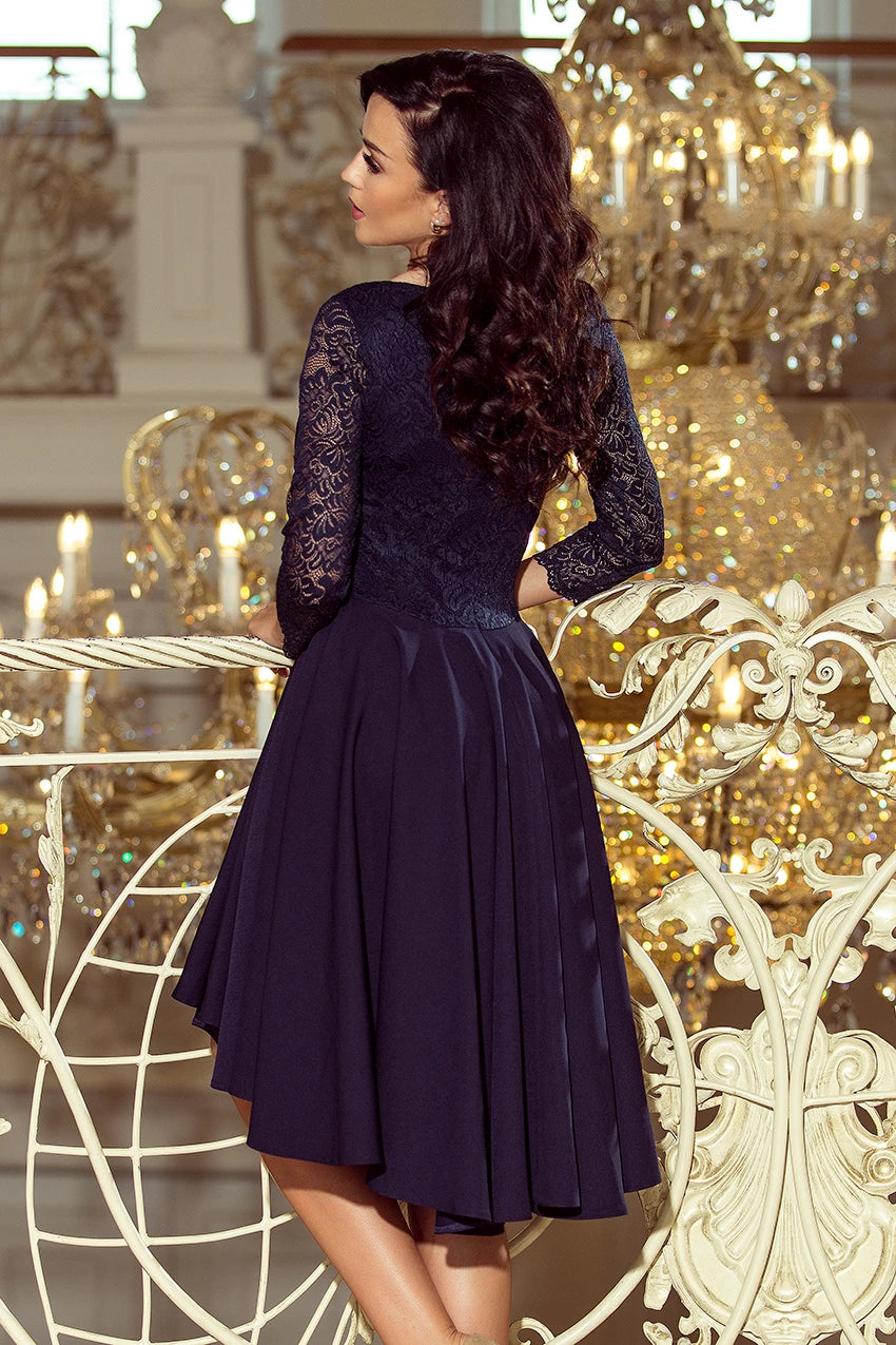 NICOLLE – dress with longer back with lace neckline – Navy Blue