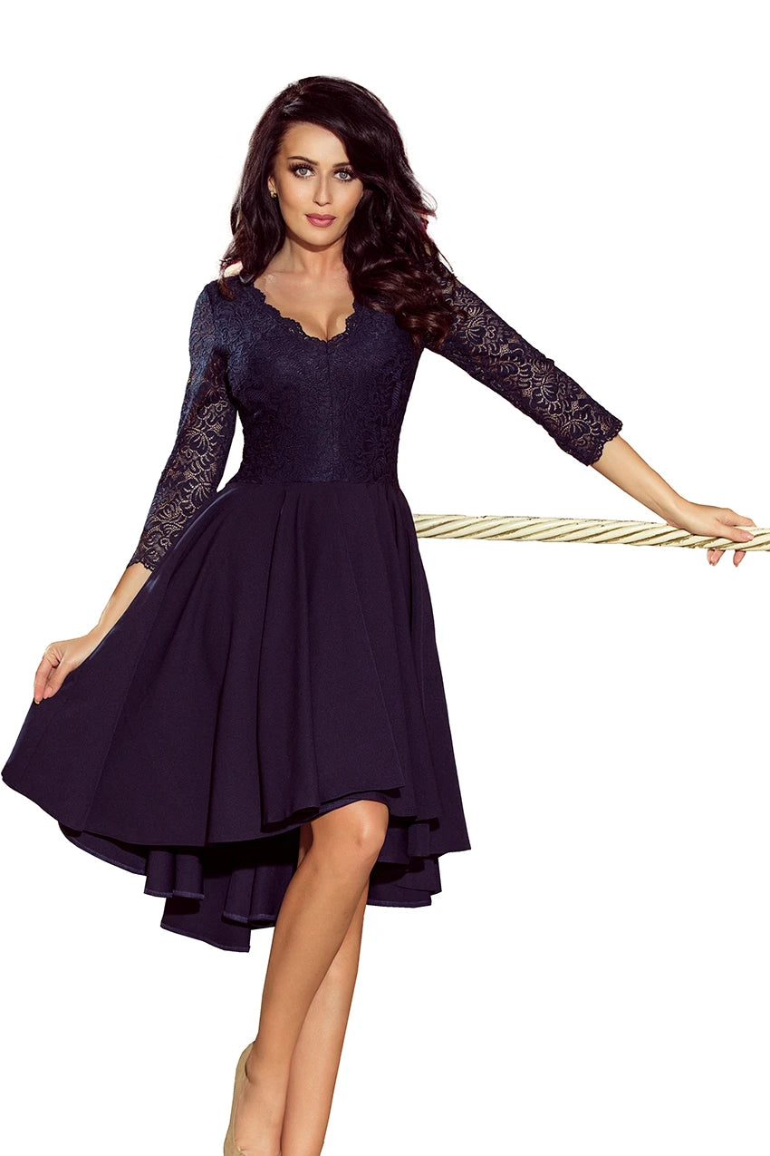 NICOLLE – dress with longer back with lace neckline – Navy Blue