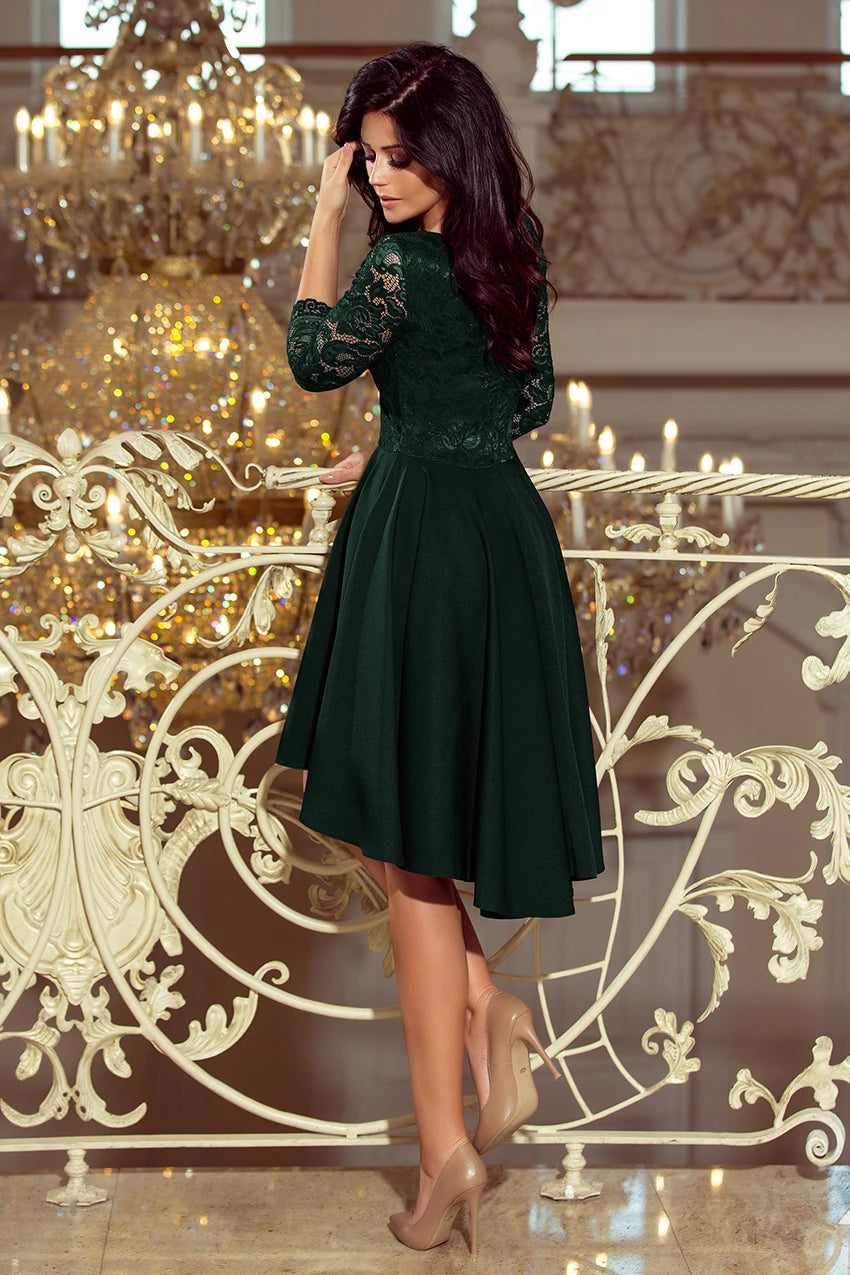 NICOLLE – dress with longer back with lace neckline – Dark Green