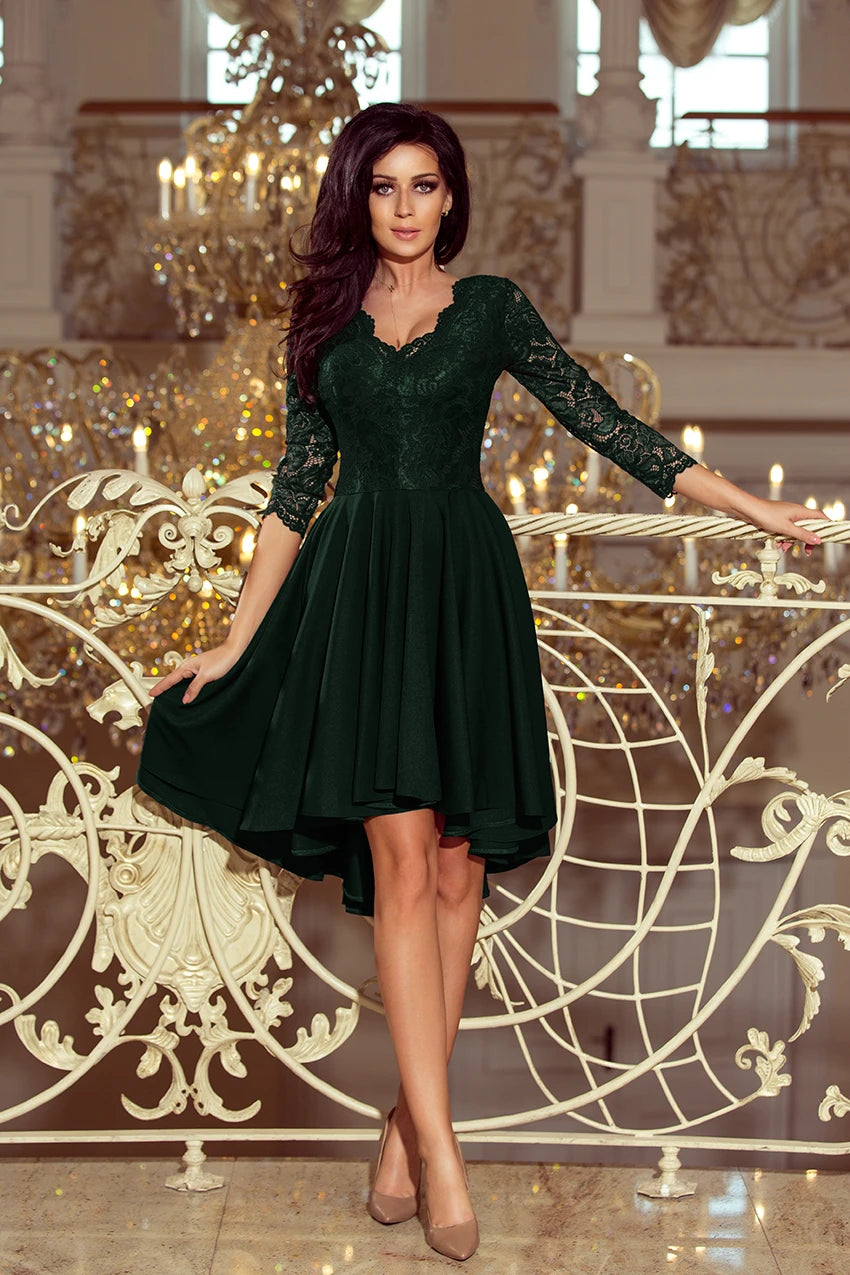 NICOLLE – dress with longer back with lace neckline – Dark Green