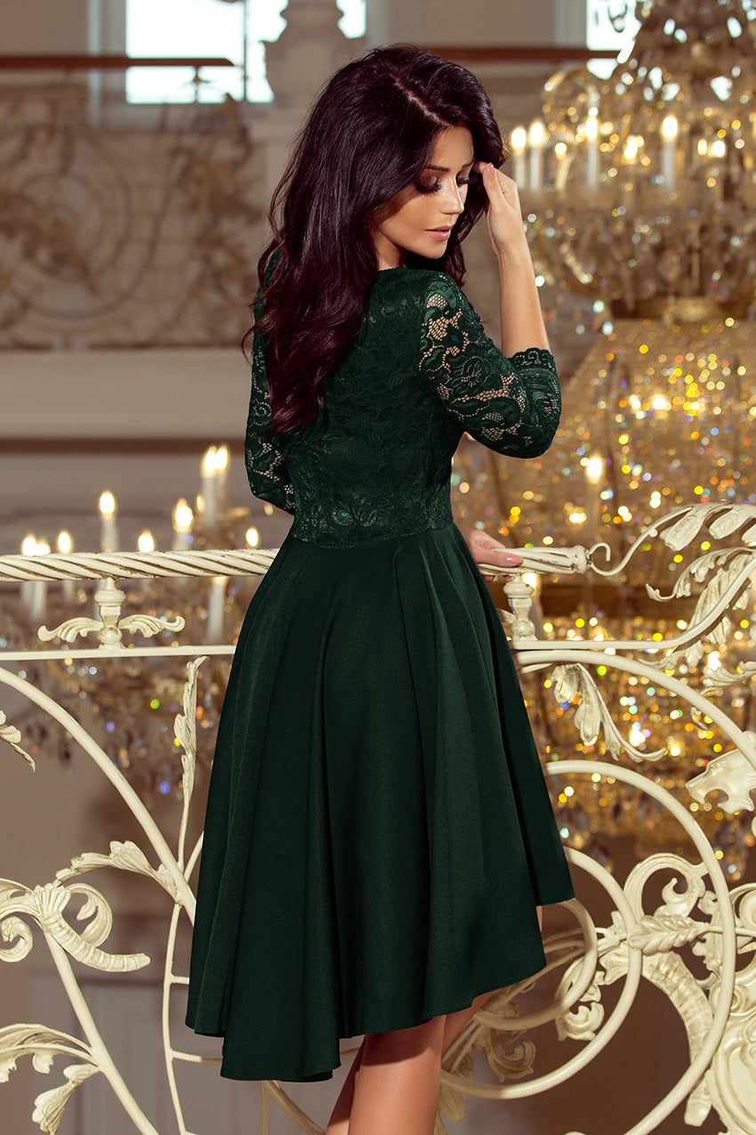 NICOLLE – dress with longer back with lace neckline – Dark Green