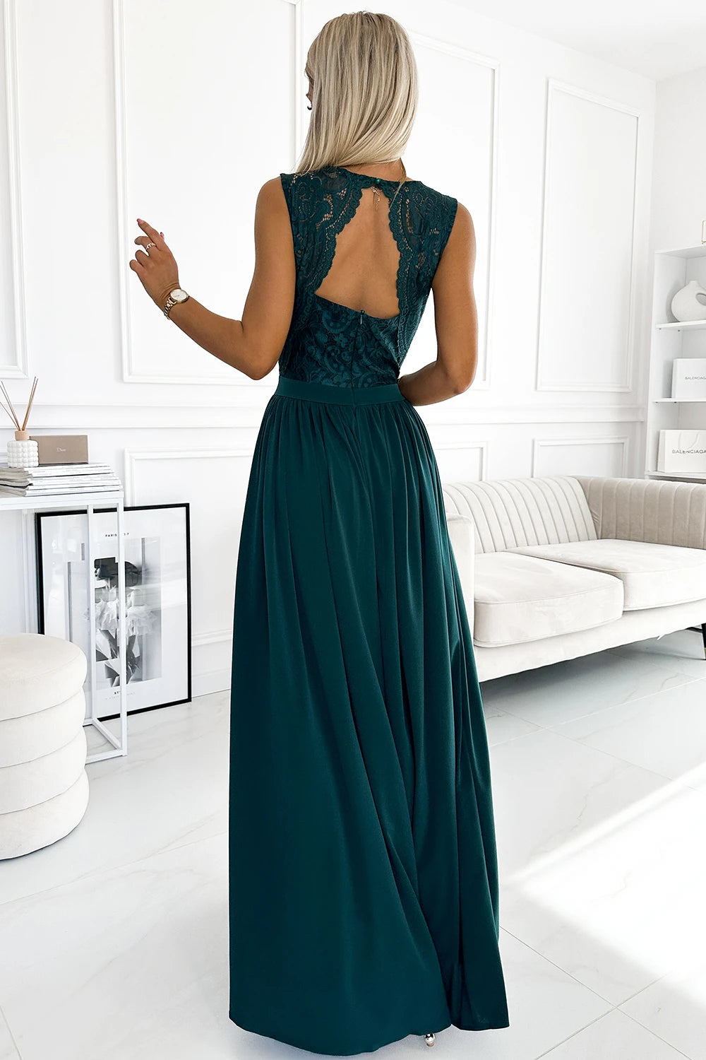 LEA long dress with lace neckline – Green