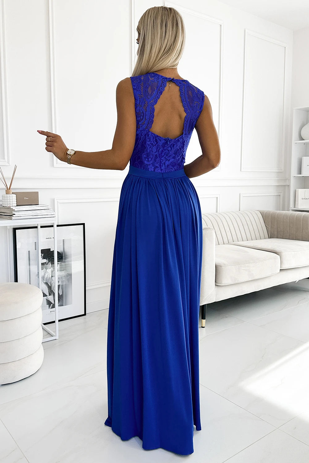 LEA long dress with lace neckline – Royal Blue