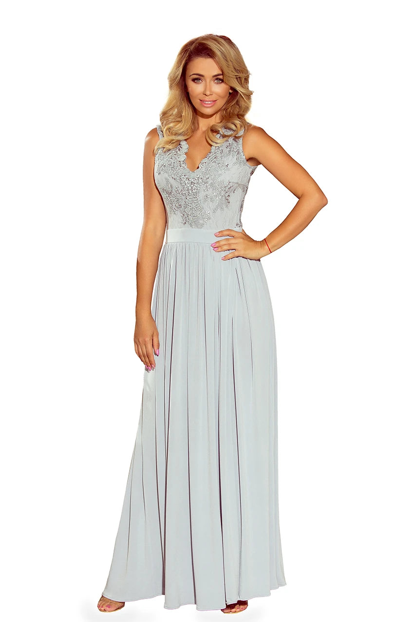 LEA long sleeveless dress with embroidered cleavage – Silver Color