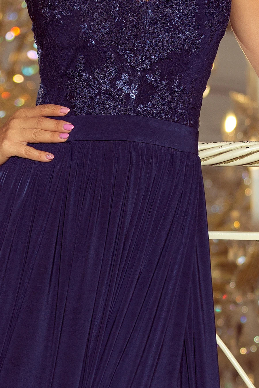 LEA long sleeveless dress with embroidered cleavage – Dark Blue