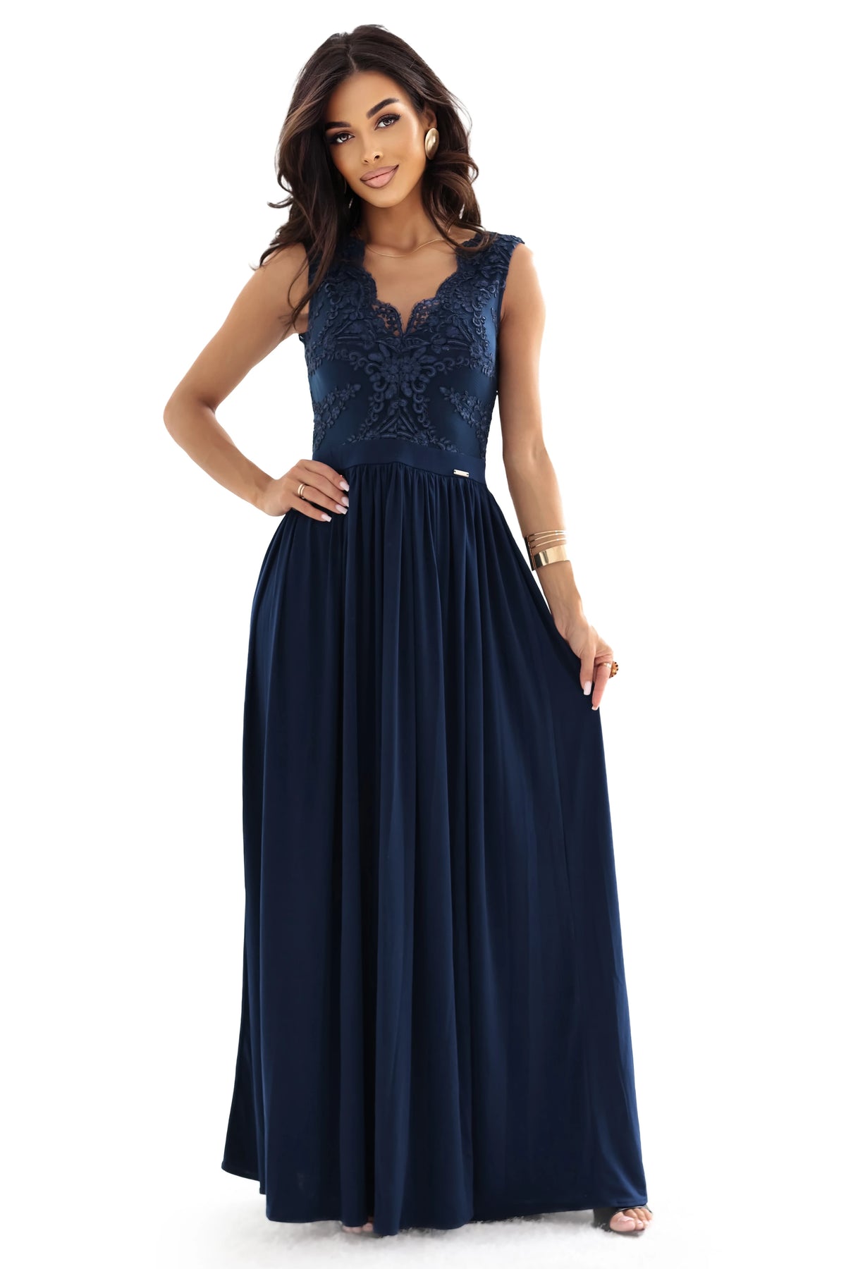 LEA long elegant maxi dress with lace top and slit on the leg – Navy Blue