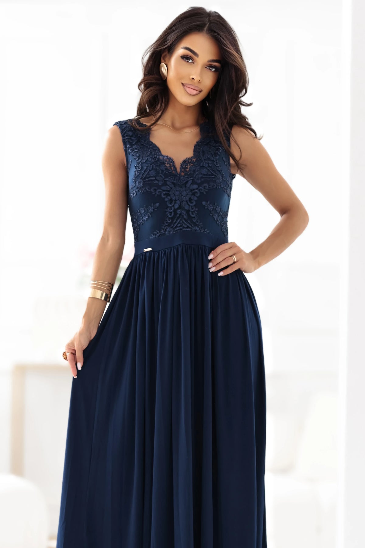 LEA long elegant maxi dress with lace top and slit on the leg – Navy Blue