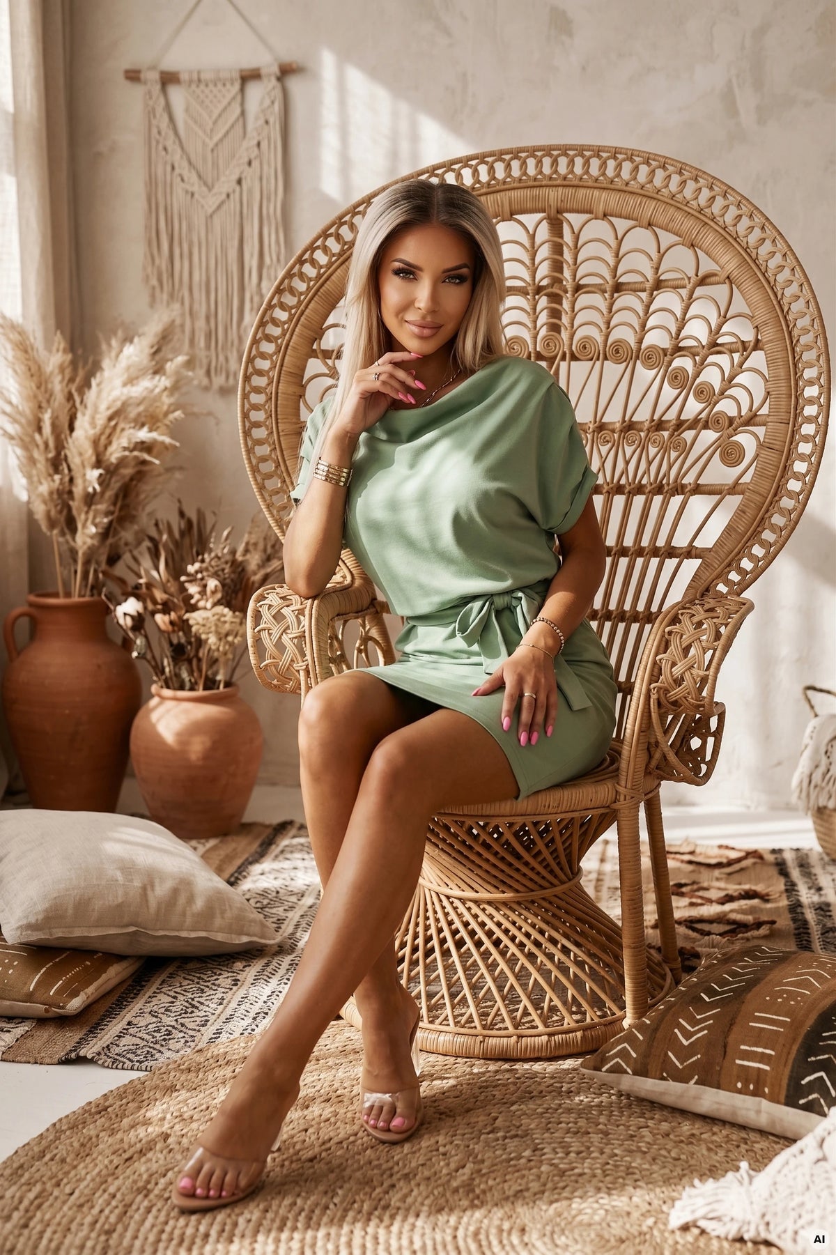ROXI comfortable dress with an asymmetric skirt and belt – Pistachio