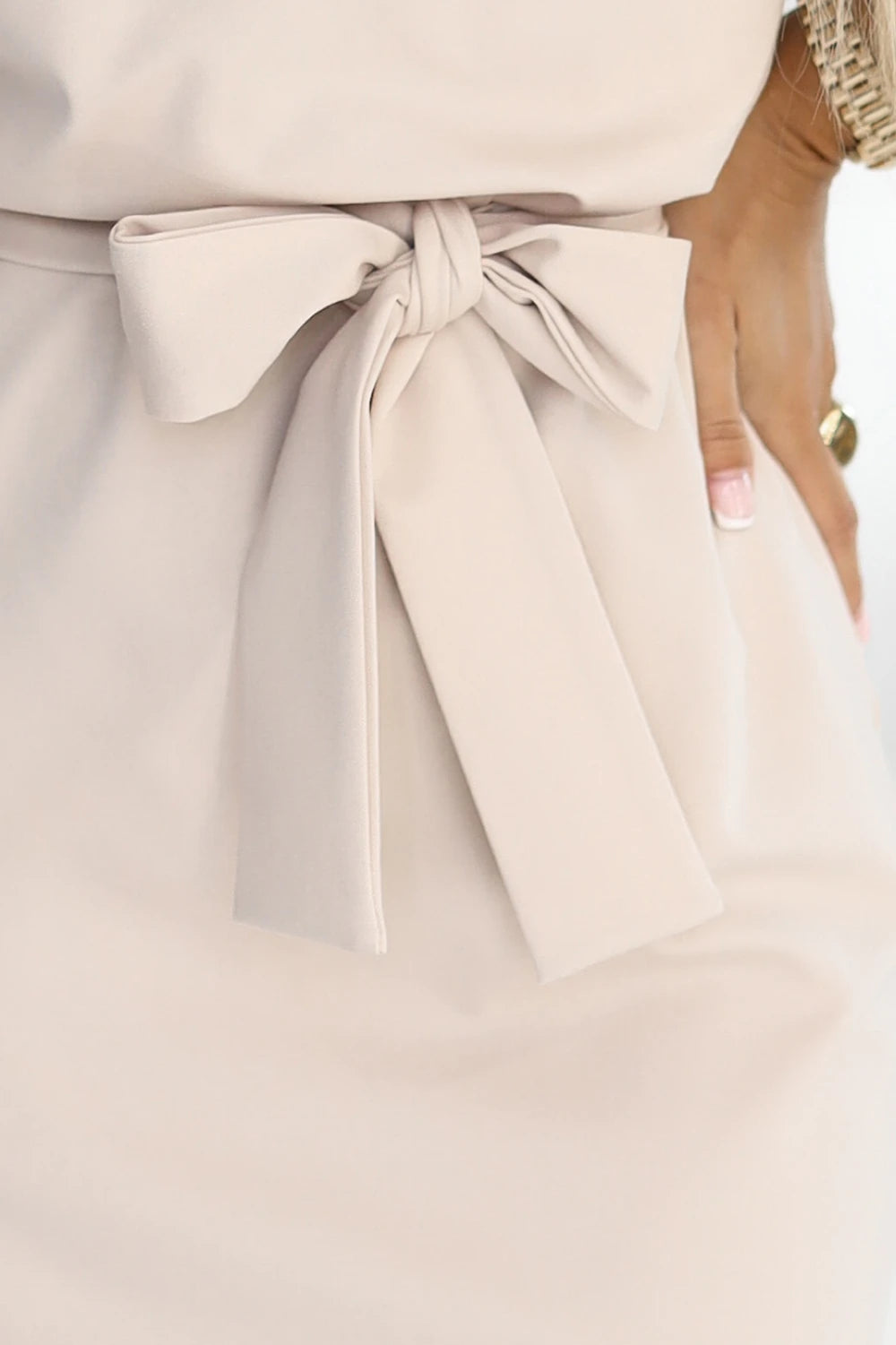 ROXI dress with asymmetrical skirt and belt – Beige