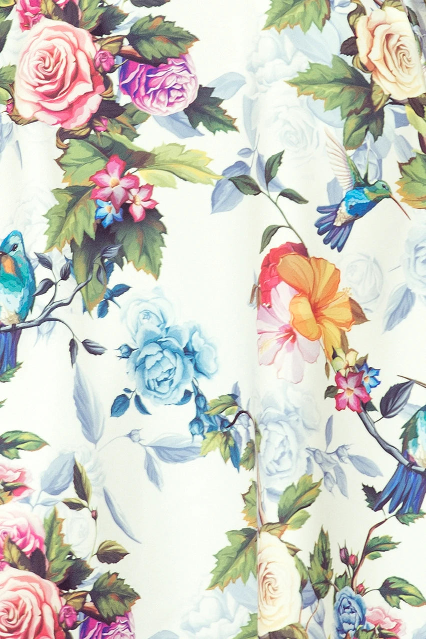 Long dress with frill and cleavage – Colorful Roses And Blue Birds