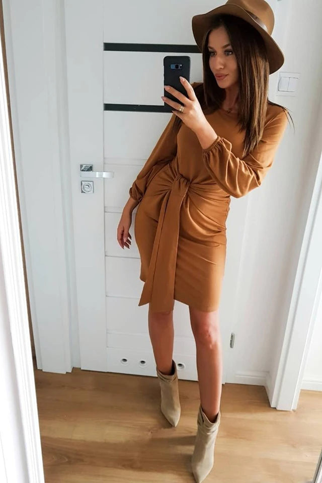JENNY Comfortable dress with binding at the waist – Caramel