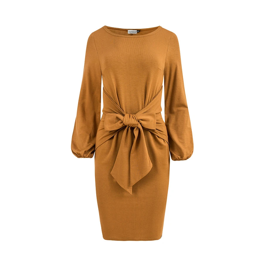 JENNY Comfortable dress with binding at the waist – Caramel
