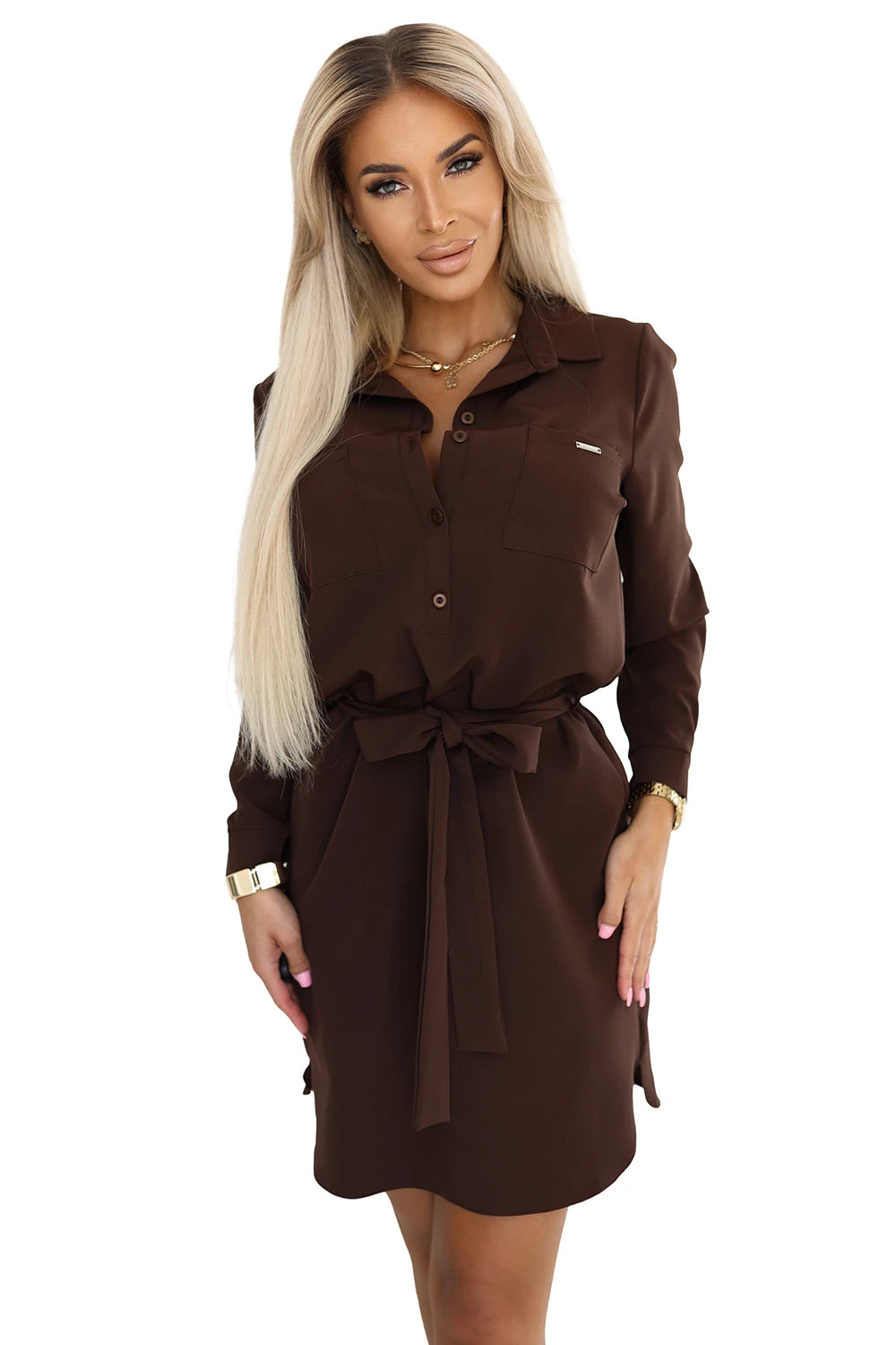 CAMILLE Shirt dress with pockets and ties – Chocolate