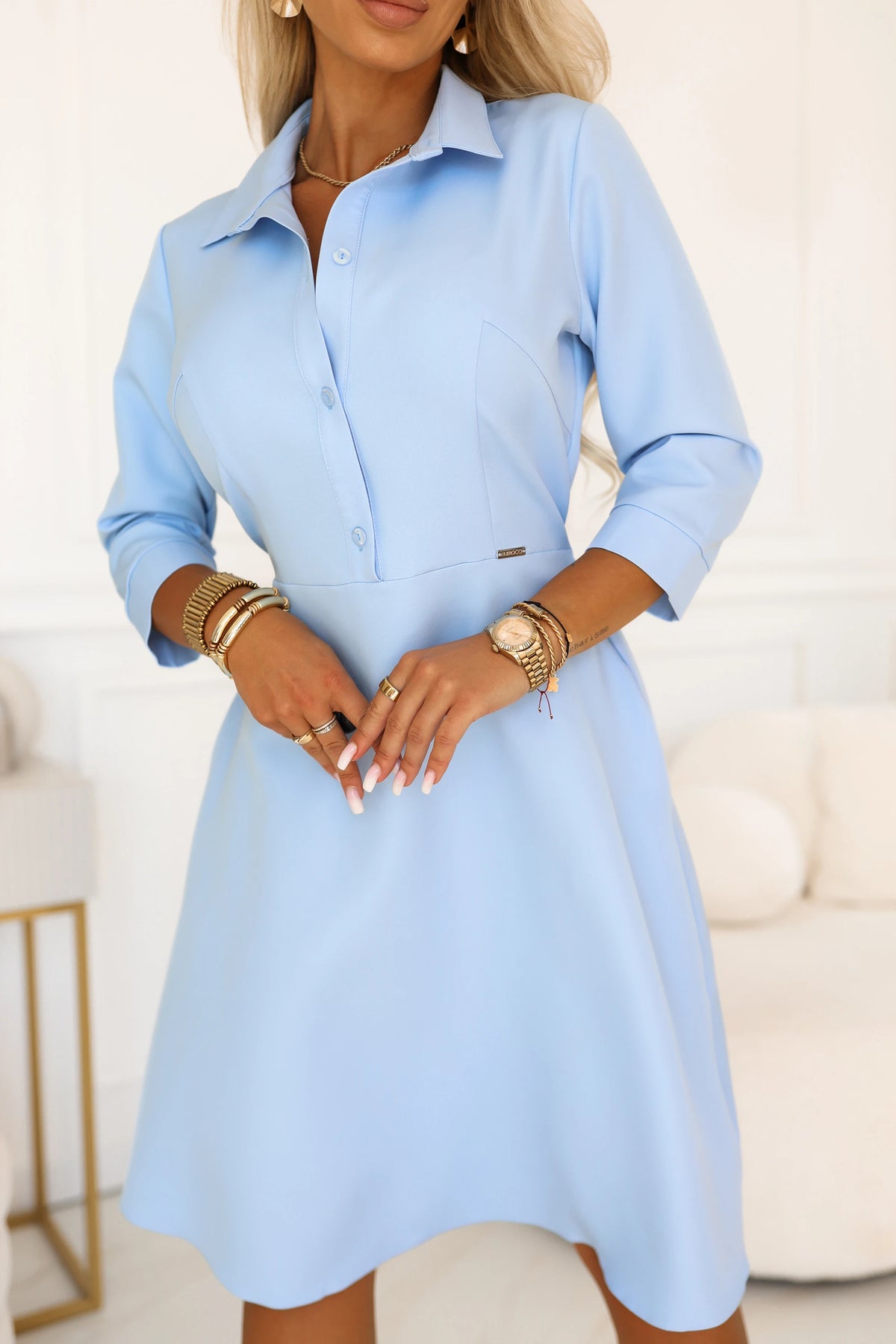 SANDY Shirt-style flared dress with belt – Sky Blue