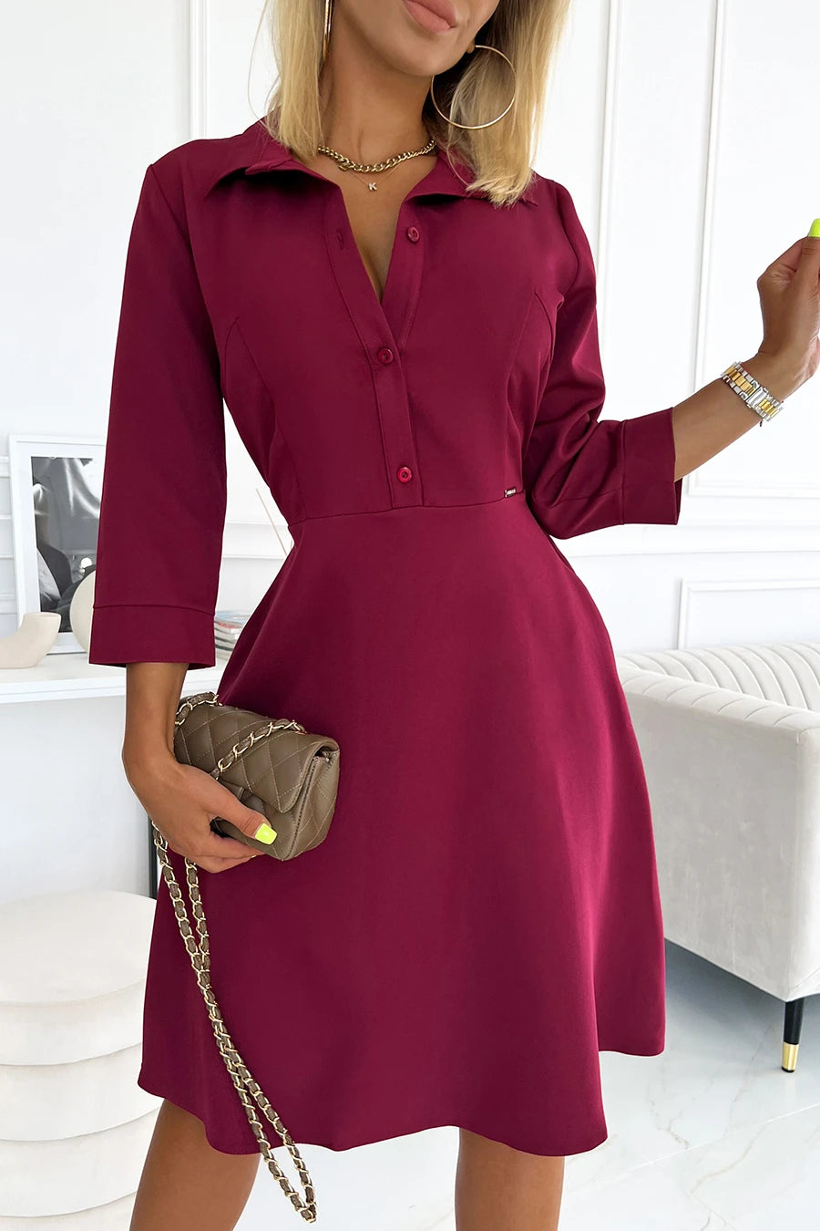 SANDY Flared shirt dress – Burgundy Color