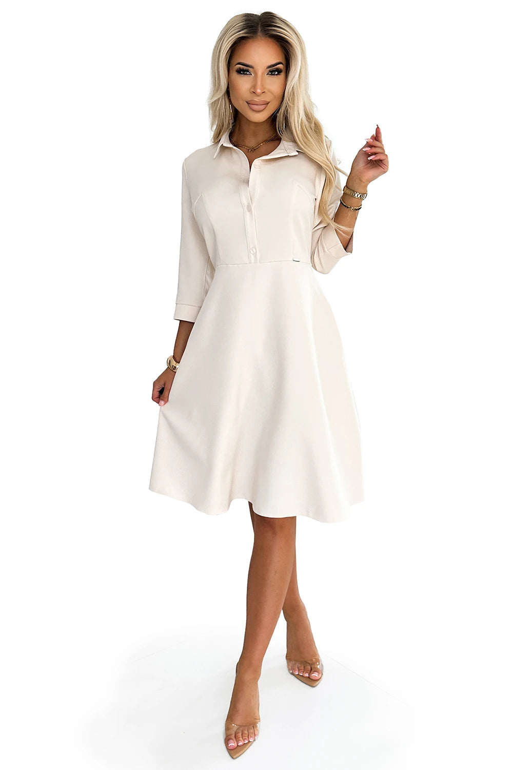 SANDY Flared shirt dress with a belt – Beige
