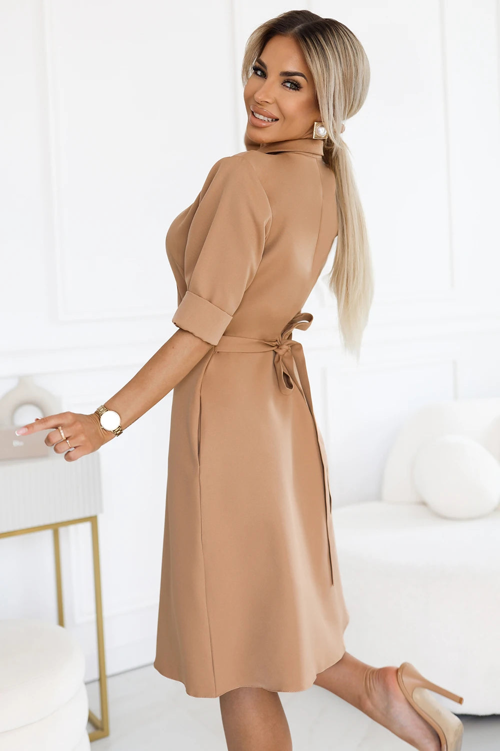 SANDY Flared shirt dress with belt – MOCHA MOUSSE