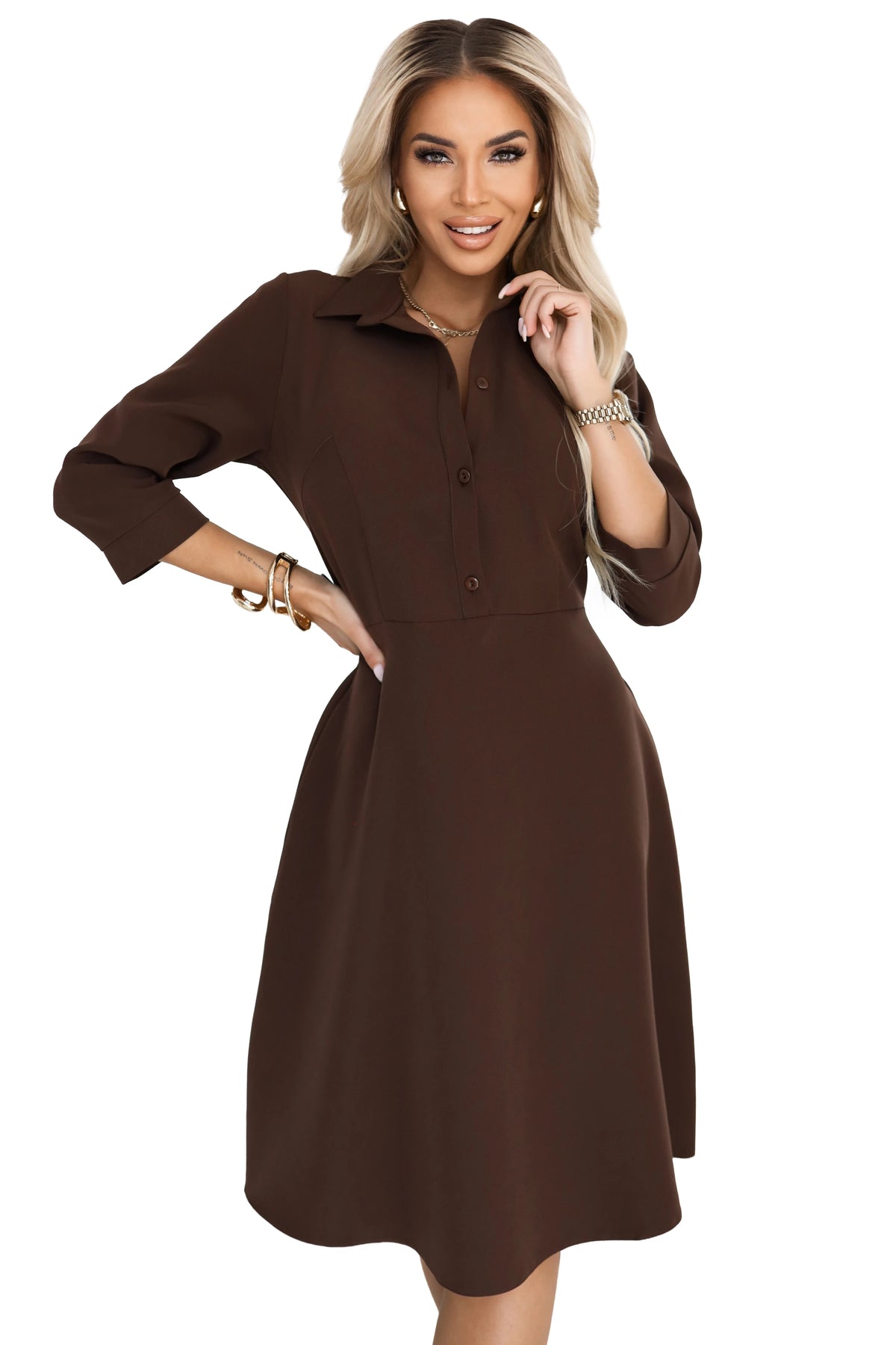 SANDY Flared shirt dress with belt – Chocolate