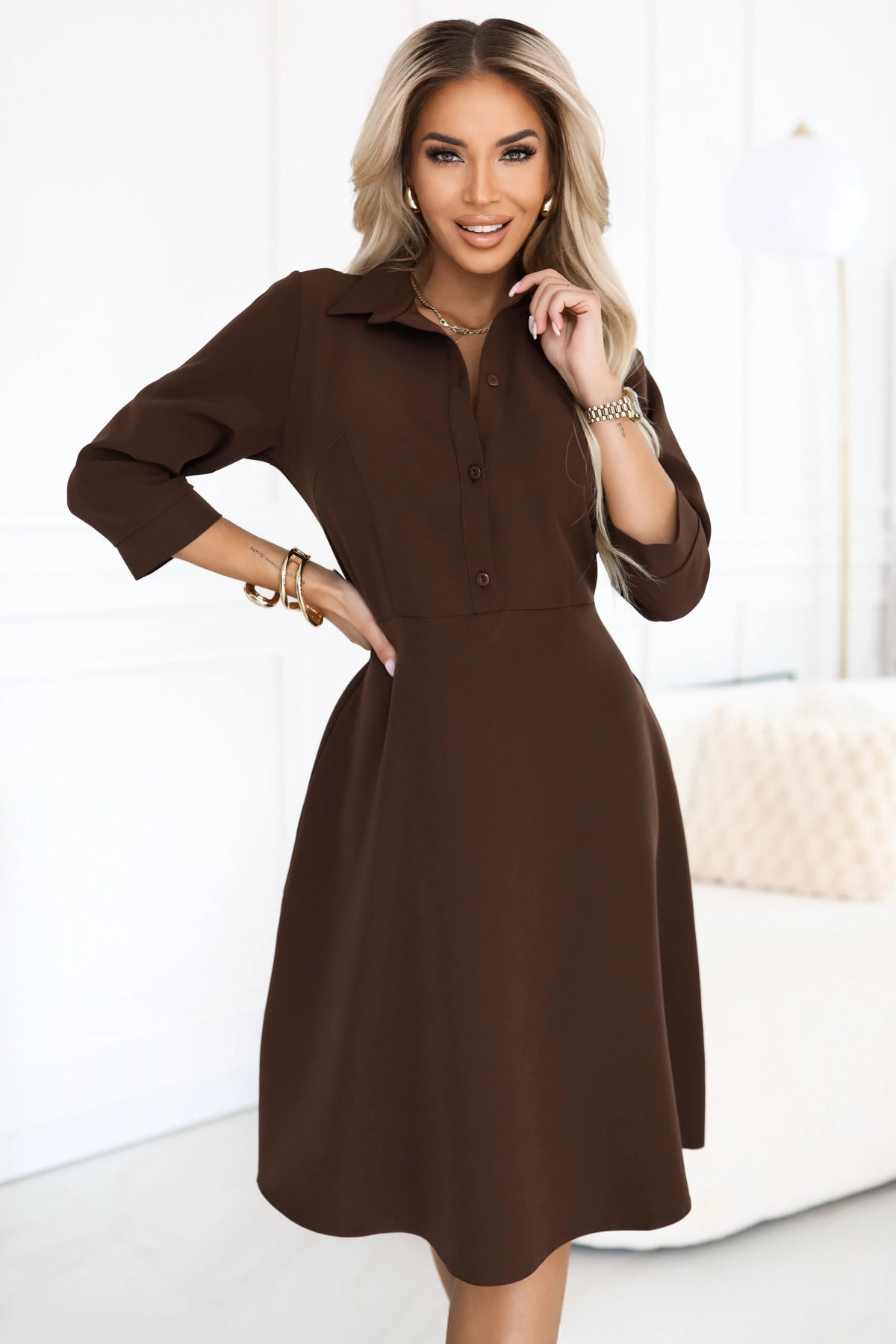 SANDY Flared shirt dress with belt – Chocolate